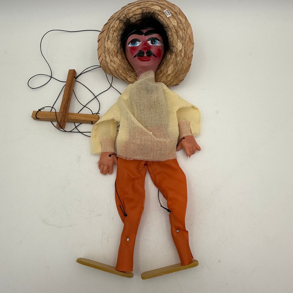 Vintage Mexican Marionette Puppet Hand Painted Straw Sombrero Folk Art Mexico